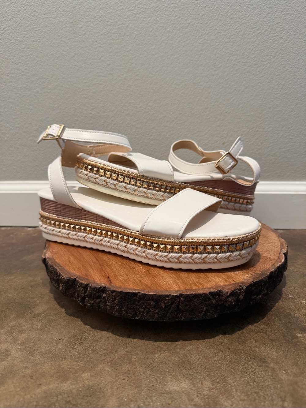 SHEIN White Platform Sandals with Gold Stud Detail